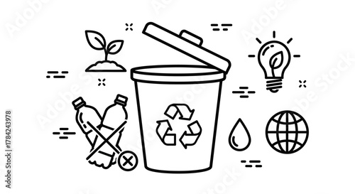 Black and white line art illustration depicting a recycling bin, seedling, lightbulb, water drop, globe, and crossed-out plastic bottles, symbolizing environmental awareness.
