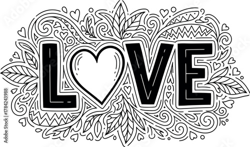 Hand drawn ornate lettering of the word love with a heart symbol