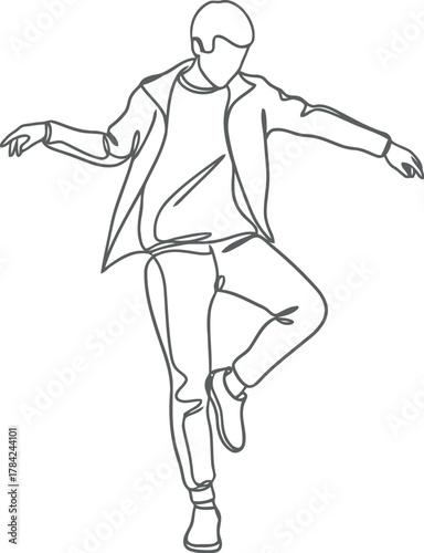 Sketch of a person in mid dance pose with arms outstretched and one leg raised