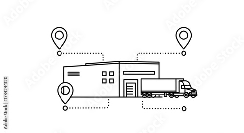 Line art illustration of a warehouse building with a truck and location pins, representing logistics and distribution.