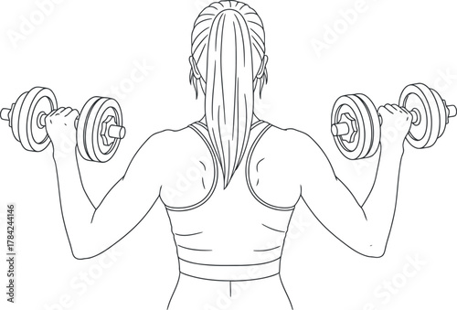 Back view of a woman performing bicep curls with dumbbells