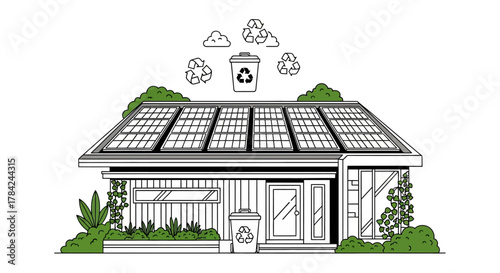 Illustration of a house with solar panels on the roof and recycling bins, surrounded by greenery, symbolizing sustainable living.