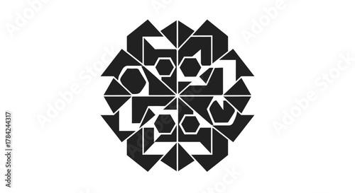 Abstract geometric design featuring symmetrical arrangement of triangles, hexagons, and angular shapes in black against a white background.