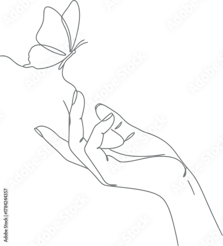 Delicate line art of a hand gently touching a butterfly