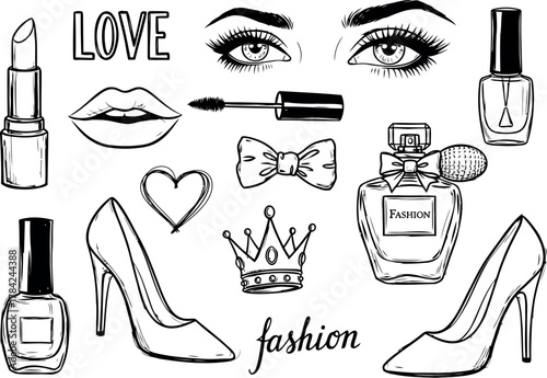 Elegant fashion beauty accessories collection featuring shoes perfume and makeup