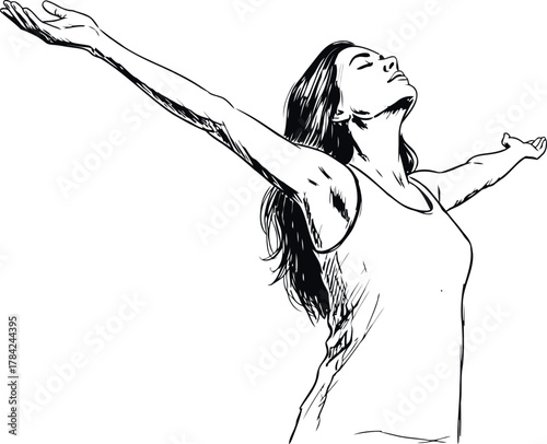 Sketch of a woman with arms outstretched looking upwards in freedom and joy