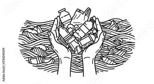 Hands holding plastic waste over stylized water, illustrating pollution and environmental concerns.