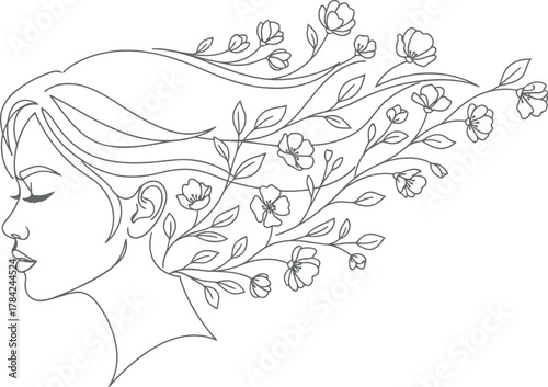 Elegant line art portrait of a woman with flowers woven into her hair