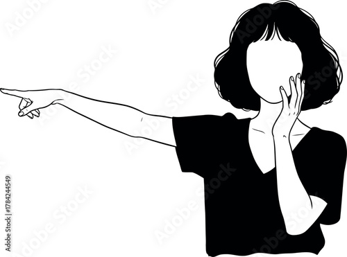 Minimalist line art of a woman pointing and touching her face