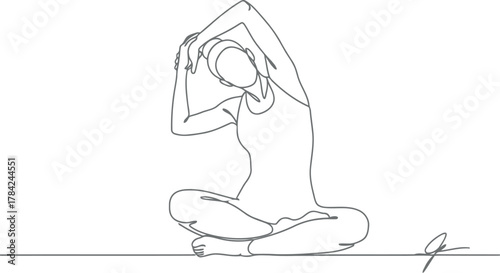 Minimalist line drawing of a person in a seated yoga pose stretching their arms