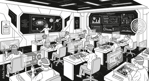 A futuristic classroom scene depicts students wearing headsets and working at desks with screens, while a teacher presents a lesson on planets and space.