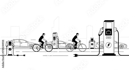Illustration depicting the transition to sustainable transportation with electric cars and bicycles at charging stations in a city environment.