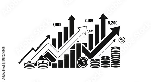 Black and white illustration showing a bar graph with upward-pointing arrows, stacks of coins, and dollar signs, representing growth and financial success.