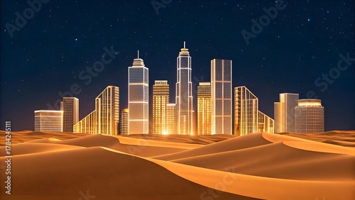 Fototapeta Naklejka Na Ścianę i Meble -  Modern city skyline emerges from desert dunes under a starry night sky
