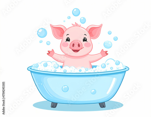 Cartoon pig enjoying a bath in blue tub with bubbles isolated vector illustration