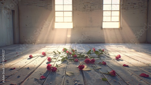 Rose on Wood Floor in Room with Sunlight Through Window