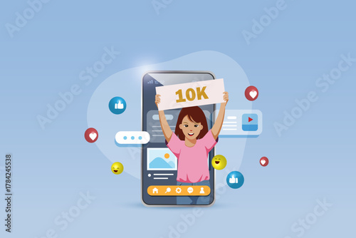 Influencer woman hold 10K followers, subscribers banner on social media with love and like icons. Vector.