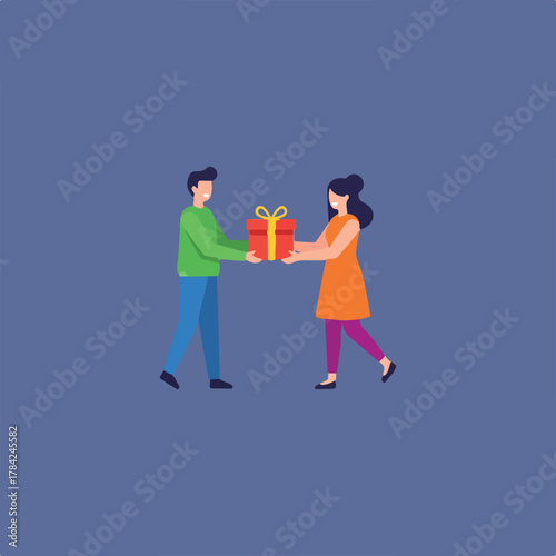 A flat illustration depicts a man gifting a wrapped present with a yellow ribbon to a woman against a blue background, showing a moment of generosity or celebration.