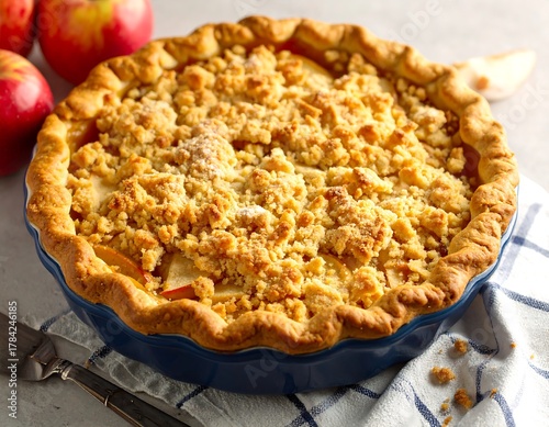 Close-up of baked apple pie with crumbly topping in blue pie dish