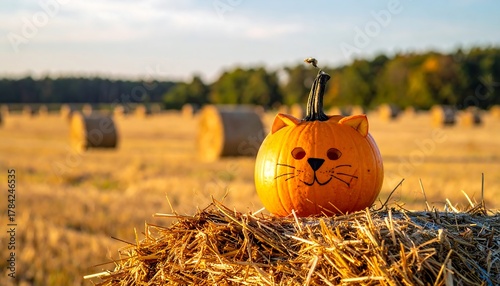 Cat-themed pumpkin decoration on hay bale in autumn field.
