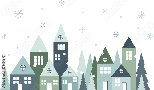 A whimsical Christmas background illustration featuring a row of stylized houses and trees in shades of green and blue, with snowflakes falling gently against a white backdrop.