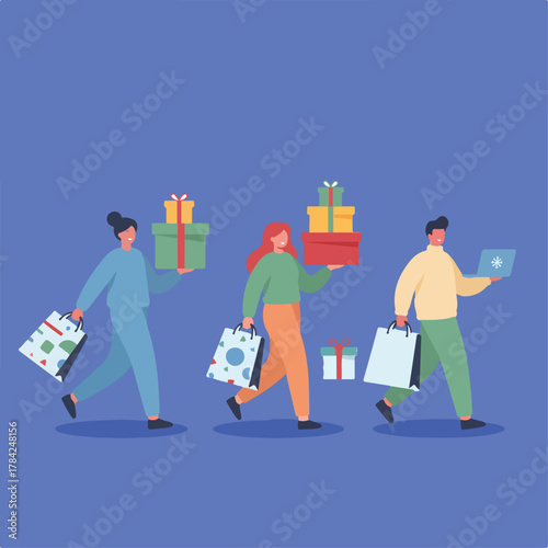 Cartoon shoppers carrying gifts and shopping bags, one person is carrying a laptop, walking against a blue background.