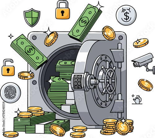 An open safe overflowing with stacks of cash and gold coins, surrounded by security icons like a fingerprint scanner, padlock, and camera.