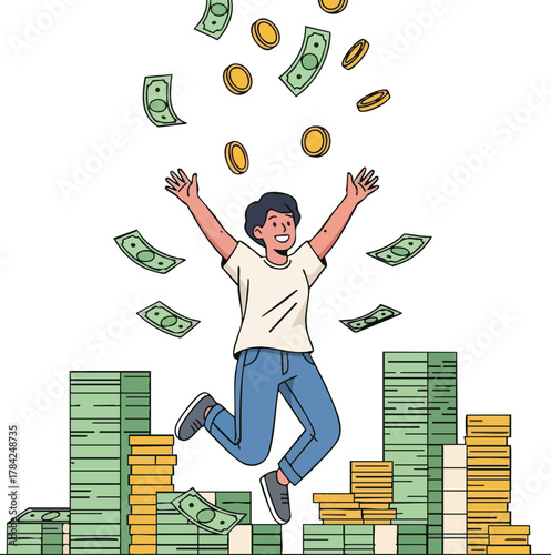 Joyful person celebrating financial success, jumping amidst raining cash and stacks of money.