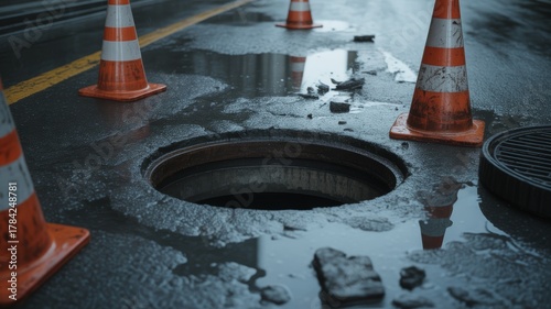 A gaping, uncovered sewer manhole or drain on a dark, wet city street, creating a feeling of hazard and danger.