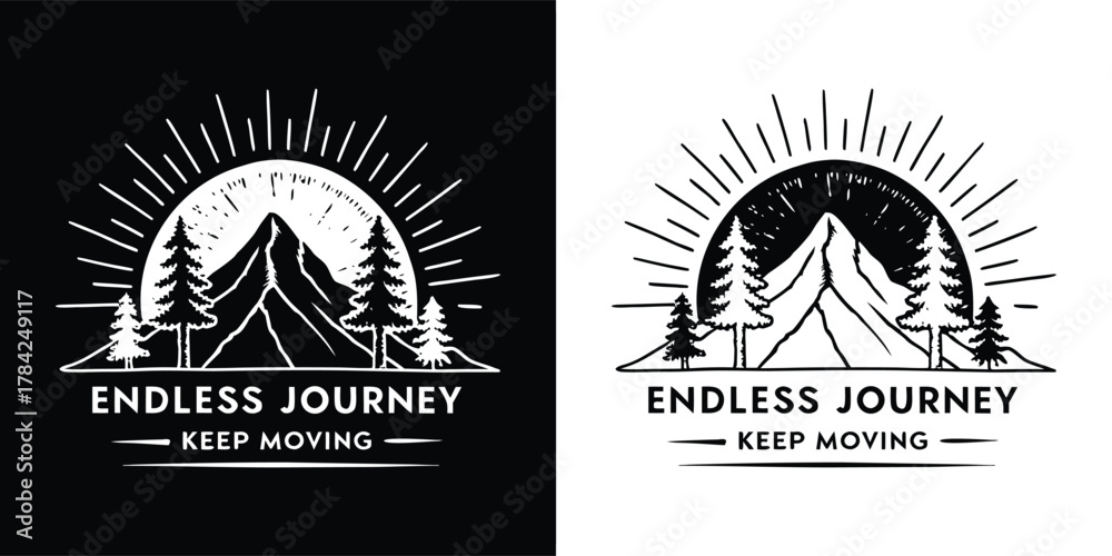 Fototapeta premium Vintage mountain landscape with sunburst and pine trees, featuring the text endless journey keep moving in a retro style