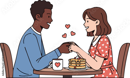 A happy diverse couple holding hands over a romantic breakfast with pancakes and coffee, surrounded by floating hearts, symbolizing love and connection.