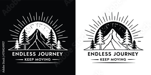 Vintage mountain landscape with sunburst and pine trees, featuring the text endless journey keep moving in a retro style