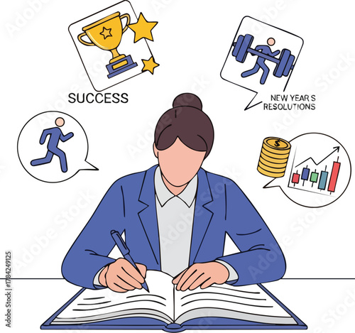 A woman writing in a notebook, visualizing success and new year's resolutions.