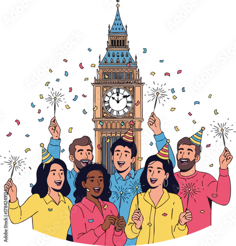 Group of people celebrating with sparklers in front of Big Ben, London, with confetti falling.