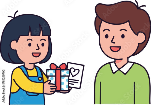Girl giving a gift to a man, with a card, in a cartoon style.
