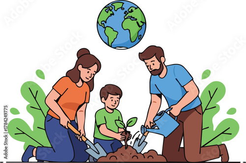 A family planting a tree together under a globe, symbolizing environmental care and future growth.