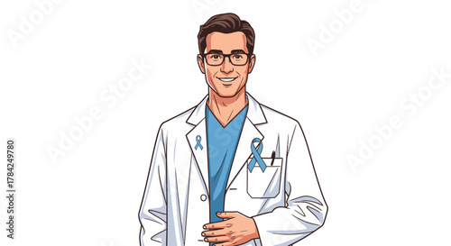 Confident doctor with glasses wearing a white lab coat and blue scrubs, proudly displaying blue awareness ribbons on his chest for health campaigns.