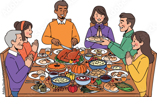 A diverse, multi-generational family gathers around a festive dinner table for a Thanksgiving holiday meal.