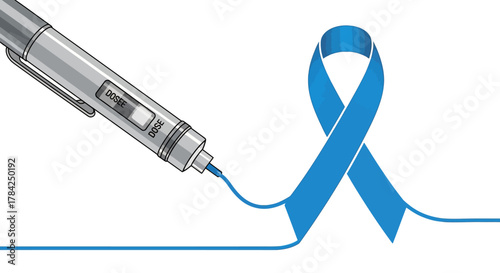 Innovative insulin pen drawing a vibrant blue awareness ribbon, symbolizing hope and medical progress in diabetes care