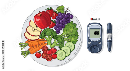 Vibrant fresh produce plate with diabetes monitoring tools, embracing healthy lifestyle choices for wellness and control