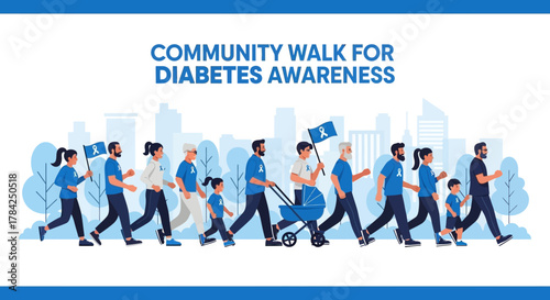 Diverse community walks together for diabetes awareness, promoting health and support in a vibrant urban setting.