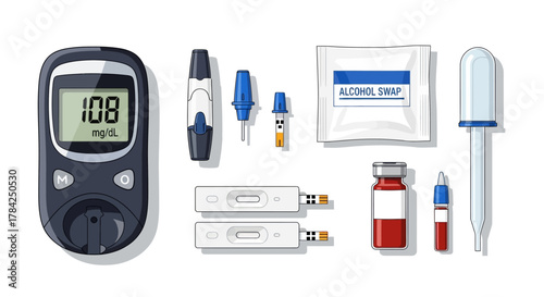 Essential diabetes testing kit components for managing blood glucose levels at home, including meter, lancet, strips, and alcohol swab for accurate monitoring.