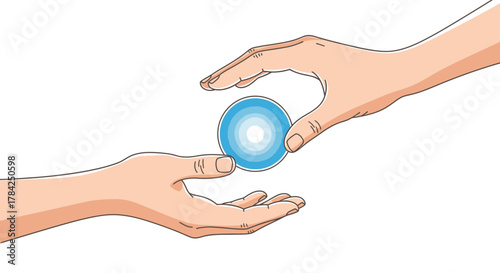 Generous hands exchange a glowing blue orb, symbolizing trust, shared knowledge, and the transfer of ideas for innovative solutions.