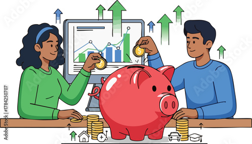 A couple saving and investing money in a piggy bank for future financial goals like a house, car, and education.