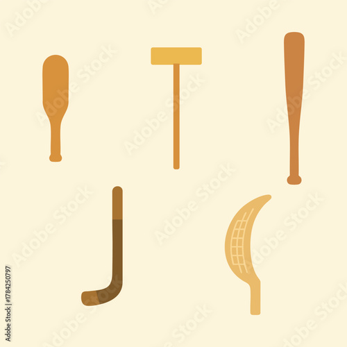 Wooden club and tool silhouettes row