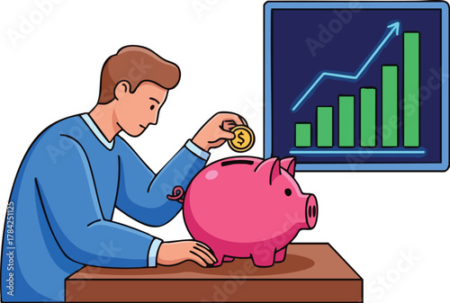 A man putting a coin into a piggy bank, with a financial growth chart in the background.