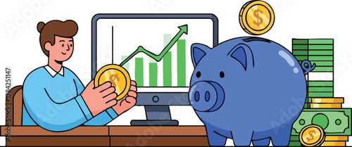 Illustration of a man investing money, with a piggy bank and a graph showing growth.