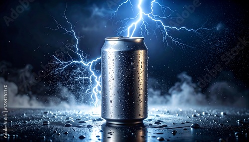 Energy Drink Can with Lightning Strike in Dramatic Setting.