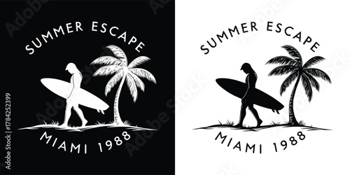 Summer escape miami 1988 graphic design with surfer and palm tree, black and white illustration