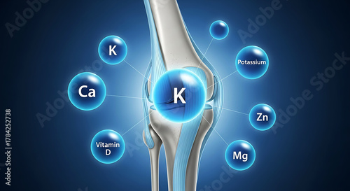 Human knee joint anatomy with essential minerals and vitamin D bone